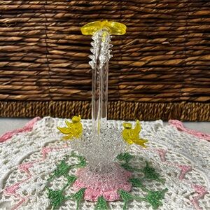 Vintage Hand-Spun Art Glass Miniature Basket with Yellow Birds Figurine